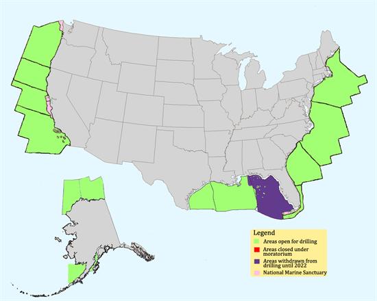 Карта США до запрета добычи нефти в океане
