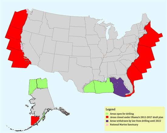 Карта США после запрета на добычу нефти в океане